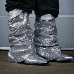 Glamorous Silver Sequin Heeled Boots